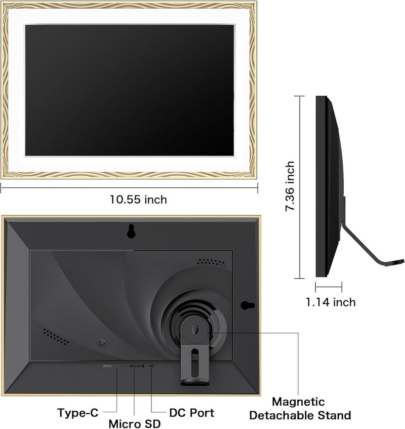 FLYRUIT Digital Picture Frame, 10.1'' Frameo Digital Frame Wifi, 1280*800 HD Touch Screen, 32GB Memory, Wall Mountable Digital Photo Frame, Auto-Rotate, Share Instantly, Wedding, Birthday Gifts for Mom, Gold - Image 3